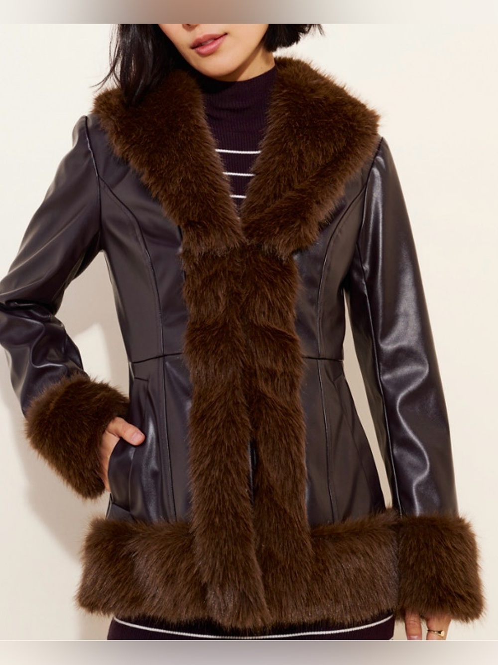 Flat White Dark Brown Faux Fur Vegan Leather Jacket Size Small